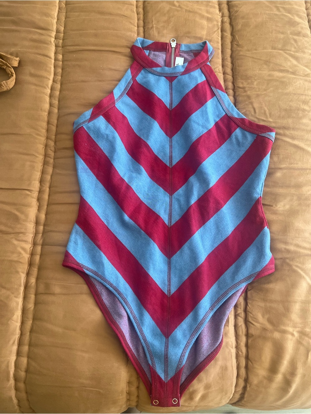 Proenza Schouler Red and Blue Striped Halter One-Piece Bodysuit